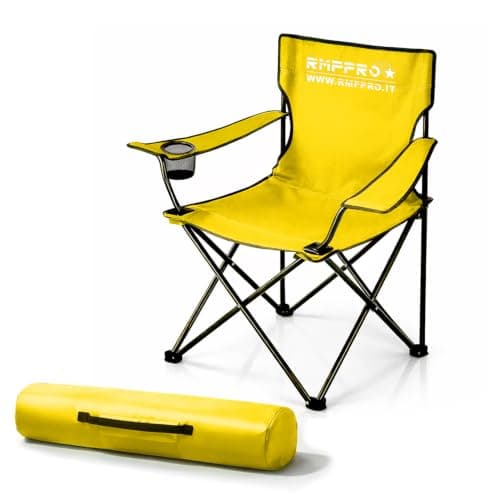 RMF PRO Folding Camping Chair with Comfortable and Relaxing Seat, Portable Beach Chair with Cup Holder - Sea and Garden Chair, Lightweight Transportable Outdoor Chair 120 Kg Yellow