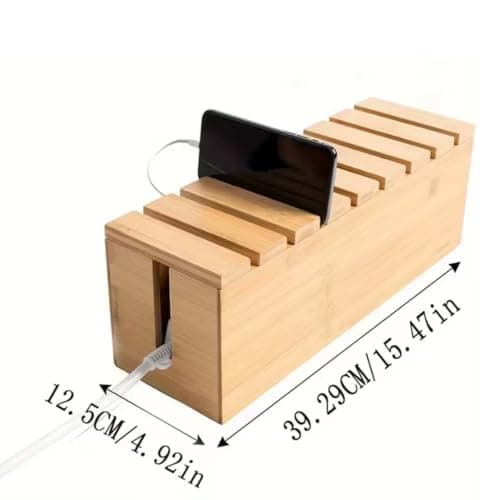 39.9X12.5Cm Bamboo and Wooden Power Strip Box,Handmade Cable Tidy Box,Concealed Cable Management Box,Cord Organiser for Desk, Floor and Home Office(B) — view 6