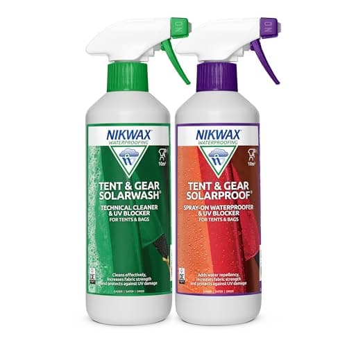 Nikwax TENT & GEAR SOLARWASH 500ml + TENT & GEAR SOLARPROOF 500ml, Tent Waterproofing Spray and UV Blocker for Synthetic Weatherproof Textiles, Tent Cleaner and Waterproof Spray For Camping