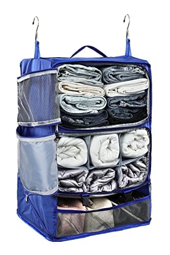 ELEZAY Hanging Packing Cubes Portable Closet 3-Shelf Travel Collapsible Compression Garment Organiser for Carry-on Luggage Suitcase Space Saver Bag XX-Large_No Side Pockets, Blue