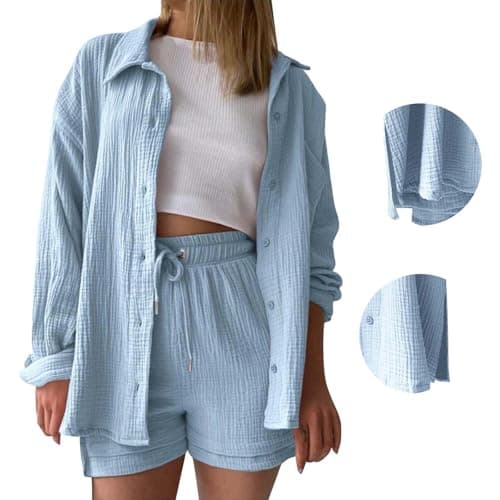 Two Piece Outfit Women Summer Co Ord Sets Cotton Linen Short Sleeve Button Down Sports Shorts with Pockets Casual Tracksuit Tunic Drawstring Sweatpants Travel Going Out Outfits Light Blue — view 6