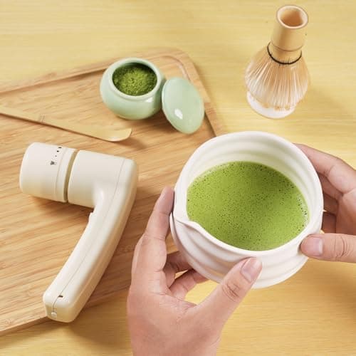 ZENRC Handheld Battery Powdered Bamboo Matcha Whisk Mate Automated Ceremony Chasen - Electric Mocha Stirer - Nice Portable Matcha Set Gift Kit (Battery not included, Beige, set 3) — view 4
