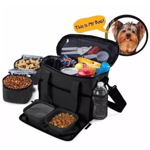 Dog Travel Bag Pet Multi-Use Dog Outdoor Bag with Locking Safety Zippers, Food and Accessory Overnight Black Carrier Bag for Traveling For Dogs, Cats & Pets Includes Bowls, Matt & Shoulder Strap — view 2