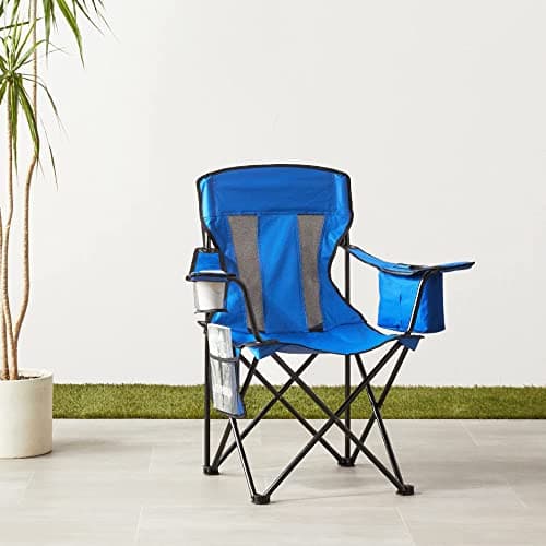 Amazon Basics Comfortable, Heavy Duty, Portable Camping Chair with 4-Can Cooler, Side Pocket, Cup Holder, and Carry Bag, Collapsible for Camping, Fishing, Beach, and Backpacking, Large, Mesh, Blue — view 2