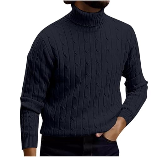 XMWSPO Men's Cable Knit Turtleneck Sweater,Long Sleeve Warm Sweatshirt