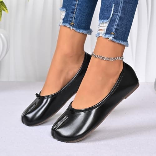 Women's Split Toe Shoes Casual Slip-On Dance Shoes Lightweight Solid Color Japanese Style Walking Shoes Comfortable Wide Width Footwear for Ladies Work Travel Holiday Beach Daily Wear (Black, 6 UK) — view 4