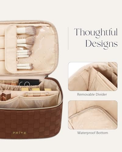 Prite Makeup Bag Toiletry Case for Women with Brush Holder, Brown, Standard — view 4