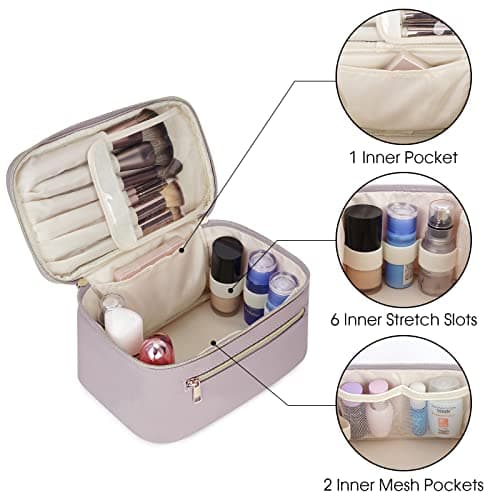 Travel Makeup Bag, Large PU Leather Cosmetic Case with Brush Compartment, Purple — view 4