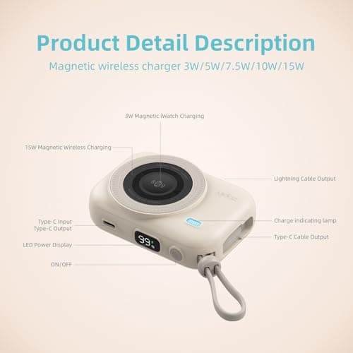 ZOPIN ffor Magsafe Power Bank 10000mAh Magnetic Wireless Power Bank, Portable Charger with Built-in USB-C Cable – 15W Charging Battery Pack for iPhone 17/16/15/14/13/12 Series & Smart Watch, Beige — view 3