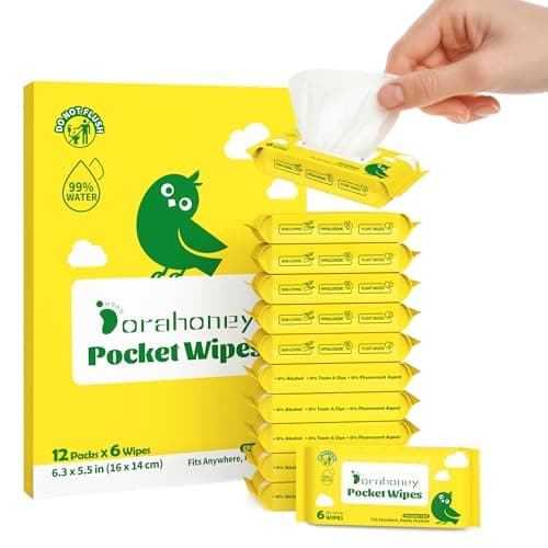 Dorahoney Mini Wet Wipes Travel Size, Sensitive Fragrance Free Travel Wipes, 99% Water, Unscented & Hypoallergenic Hand and Face Wipes for Adults, Kids & Baby Care, 12 Pack Total 72 Wipes