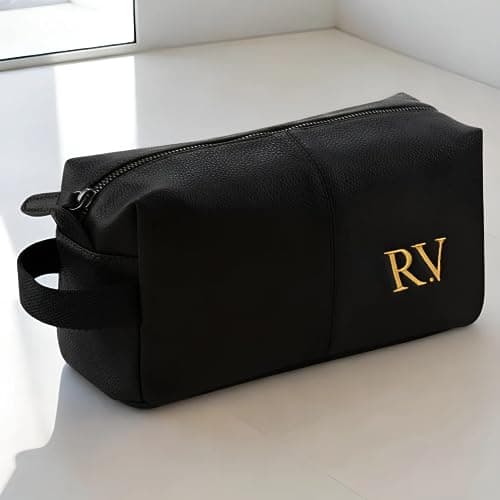 Personalised Embroidered Men's Leather Wash Bag with Strap, Black or Brown, Leather Toiletry Bag Embroidered with Initials — view 2