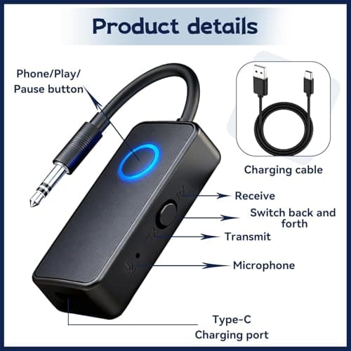 Bluetooth 5.4 Transmitter Receiver Upgraded 2 in 1 Wireless Aux Bluetooth 3.5mm Jack Audio Airplane Adapter Dual Pairing Low Latency for TV Airplane Earbuds Car Headphone Speaker Airline Travel — view 4