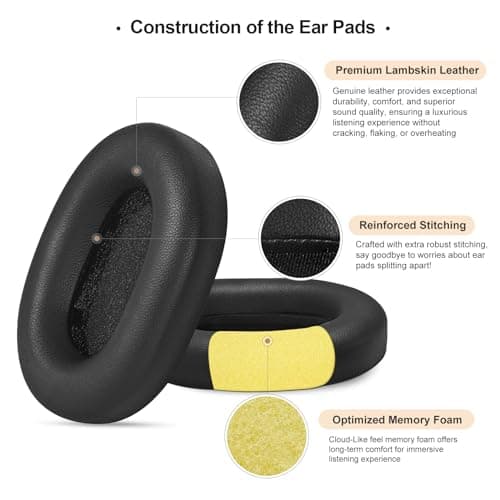 Aurivor Genuine Leather Ear Pads Cushions for Sony XM5 Noise Canceling Headphones, Premium WH-1000XM5 Replacement Earpads Covers with Soft Lambskin Leather, Optimized Memory Foam (Lambskin-Black) — view 4