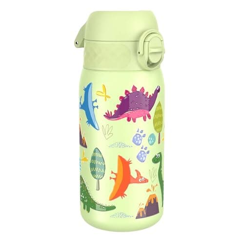 Ion8 Kids Water Bottle, Steel 400 ml/13 oz, Leak Proof, Easy to Open, Secure Lock, Dishwasher Safe, Flip Cover, Carry Handle, Easy Clean, Durable, Metal Water Bottle, Raised Print, Dinosaurs
