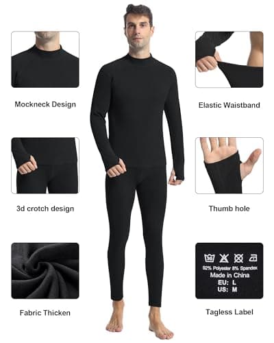 Runhit Thermal Underwear Mens Fleece Lined Long Johns for Men Thermals Top and Bottoms Set Long Sleeve Base Layer Cold Weather Gear 2XL Black — view 4