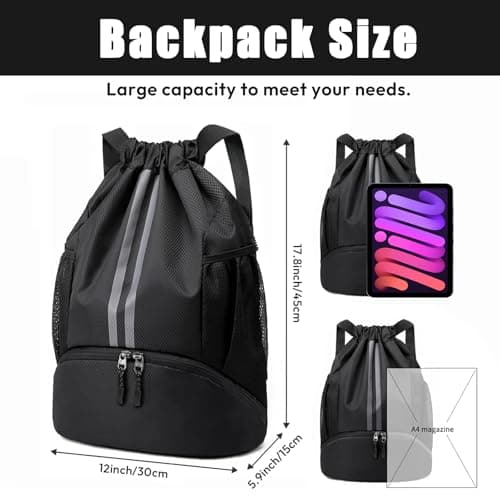 Sioloc Waterproof Drawstring Backpack for Gym & Swim – Lightweight Sports Bag with Shoe Compartment, Large Capacity, Wet/Dry Pockets (Men & Women) — view 2