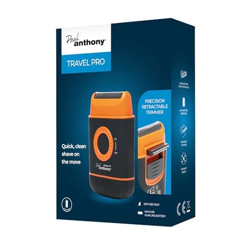 Paul Anthony Travel Pro Battery Operated Men's Compact Foil Shaver, Titanium Flexible Blade, Retractable Side Trimmer,Rubberised Finish, 2 x AA Battery Operated - Orange - H5001A