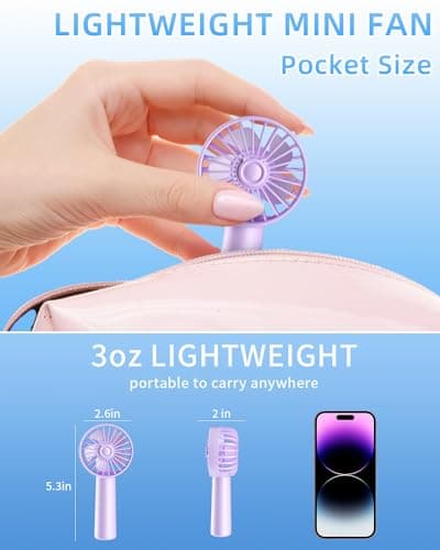 Portable Handheld Fan, Small Personal Hand Fan with 3 Speeds 1800mAh USB Rechargeable, Mini Hand Held Fan for Makeup Eyelash, Travel Gifts for Girls Women Kids — view 4