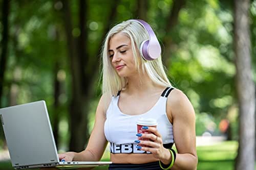 PowerLocus Wireless Bluetooth Over-Ear Stereo Foldable Headphones, Wired Headsets Noise Cancelling with Built-in Microphone for iPhone, Samsung, LG, iPad (White/Purple) — view 3