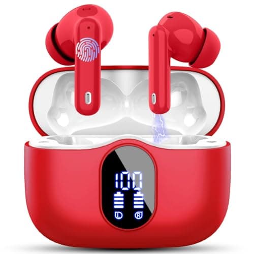 Wireless Earbuds, Bluetooth 5.4 Headphones In Ear with 4 ENC Mic, 2025 New Wireless Earphones Noise Cancelling Deep Bass, LED Display, Bluetooth Earbuds 36H Playtime, IP7 Waterproof Ear buds USB-C Red