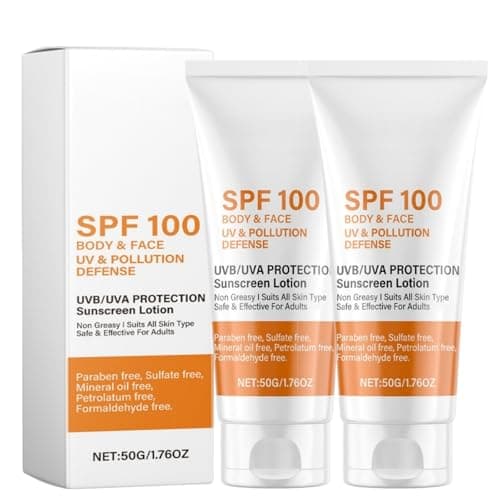 2PCS 50G Sunscreen SPF 100 for Face and Body,Hydrating Lightweight Sun Cream with UVA/UVB Protection,Non-Sticky SPF Moisturiser for Outdoor Activities,Travel,Beach&Daily Summer Use,Travel Friendly