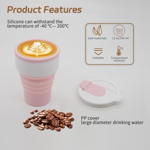 EYQ Collapsible Coffee Cup 375 ml, Silicone Foldable 12oz Coffee Mug, Reusable Tea Cup for Hot Cold Drinks for Office Fitness Gym Outdoor Sports Travel Camping Yoga, Pocket Size (WhitePink) — view 5