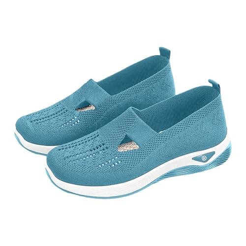 Women’s Classic Loafer Flat Breathable Non-Slip Lightweight Anti-Slip Sneakers Athletic Outdoor Sport Round Toe Knit Mary Jane Shoes Arch Support Stretch Ladies Wide Fitting Flat Trainers Sky Blue