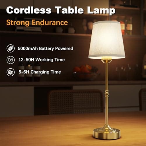 Rechargeable Cordless Table Lamp, Dimmable LED Portable Gold Bedside Light — view 3