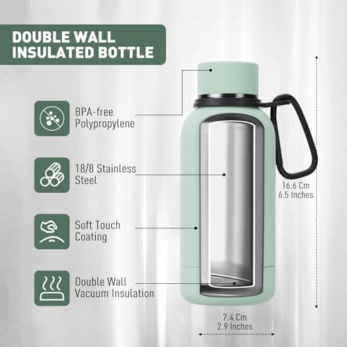 Exllena Insulated Water Bottle 350ml with Clip, Keeps Drinks Cold 24 Hrs/Hot 12 Hrs, BPA Free (Mint) — view 3
