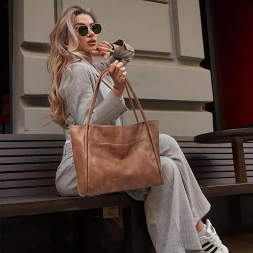 GAEKEAO Tote Bag for Women Simple Ladies Handle Handbags Larger Shoulder Bag Laptop Bags for School Work Travel Brown — view 3