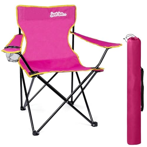 just be... Camping Chair – Lightweight, Foldable & Portable Outdoor Seat with Armrests, Cup Holder & Carry Bag | For Adults & Kids | Garden, Beach, BBQ & Fishing – Dark Pink with Yellow Trim — view 4