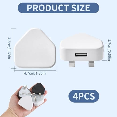 USB Charger Plug UK 4 Pack (2 Black + 2 White), 5V 1A USB Wall Plug Adaptor with 3-Pin UK Mains Adapter, Fast Safe Charging Compatible with iPhone 14/13/12/11/XR/XS/SE/8 for iPad Huawei Pixel Samsung — view 6