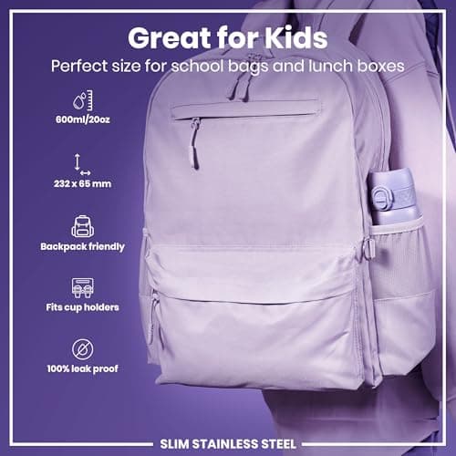 Ion8 Lightweight Steel Water Bottle, 600 ml/20 oz, Non-Insulated, Leak Proof, Easy to Open, Secure Lock, Dishwasher Safe, Flip Cover, Fits Cup Holders, Carry Handle, Metal Water Bottle, Light Purple — view 2