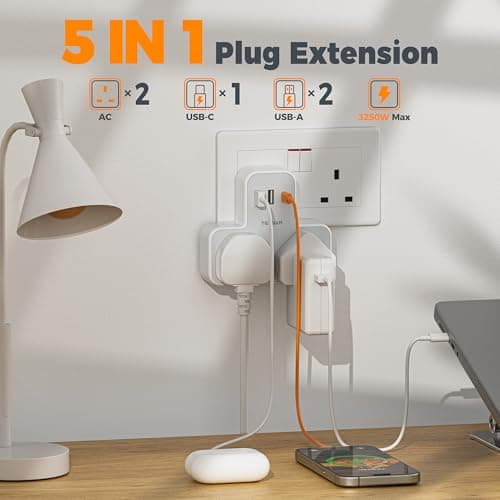 TESSAN Plug Adapter with 3 USB Ports, 2 Way MultiPlug Extension — view 2