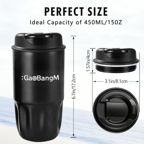 : GaoBangM 450ml Travel Mug, Insulated Coffee Cup with Leakproof Lid, Black — view 5