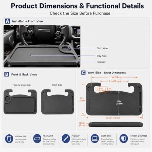 kefeimumu Car Steering Wheel Tray 2-in-1, Portable Car Laptop Table Eating Desk, Universal Vehicle Mounted Workstation with Cup Holder for Commuters & Travel,Fits Most Vehicles Black — view 3