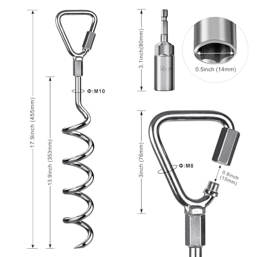 Insaga Ground Anchor, 4pcs Heavy Duty Corkscrew Tent Peg Trampoline Earth Stake Strong Storm Spiral Screw Spike for Garden Swing/Camping/Canopy/Shed/Dog/Carport with Carabiner Lockset — view 3