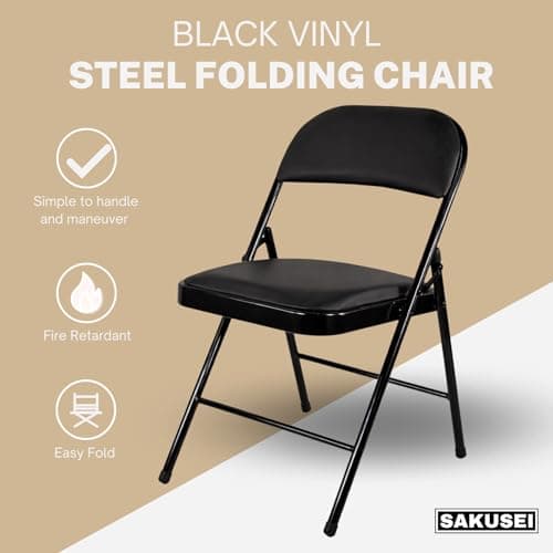 Sakusei Tools Premium Padded Folding Chair with Faux Leather Cushion – Heavy Duty Metal Frame, Foldable Back Rest Chair for Home, Office, Garden, or Computer Desk – Comfortable Cushioned Seat — view 3