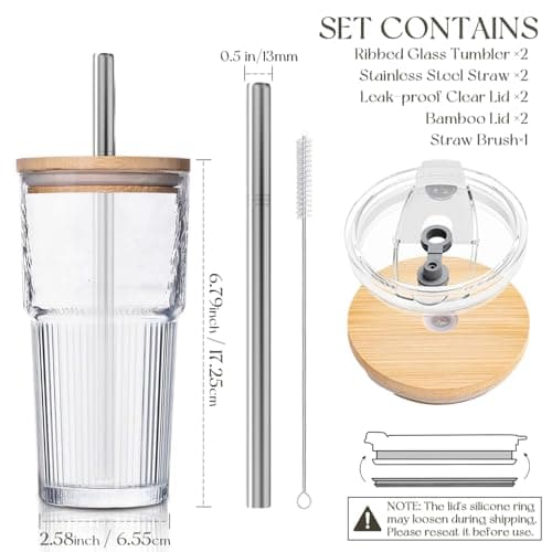 KEMORELA 2-Pack 20oz/600ml Ribbed Glass Tumblers with 2-in-1 Leak-Proof Lids & 13mm Stainless Steel Straws – Reusable Drinking Cups for Iced Coffee, Boba, Smoothies, Cold & Hot Drinks, Travel Cups — view 4
