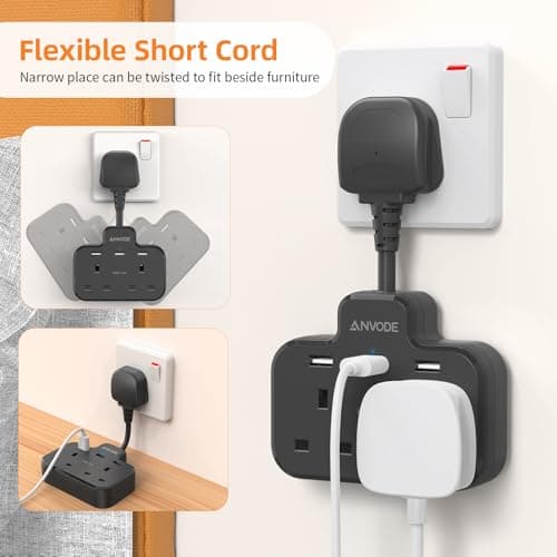 Double Plug Adaptor with USB, 2 Way Wall Adapter with Short Extension Lead, Multi Plug Socket Extender For Home Office (Black) — view 5