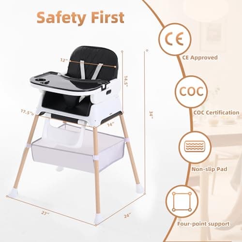 High Chairs for Babies and Toddlers, Adjustable Convertible 3 in 1 Baby High Chair, Portable Compact Baby Infant Feeding Chair Travel Highchair Booster for Toddler, from 6 Month to 3 Years Black — view 2