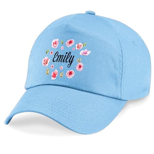 Purple Print House Personalised Girls Baseball Cap Floral Custom Name Holiday Hat Travel Summer Toddler Daughter Niece Gift, One Size, Light Blue