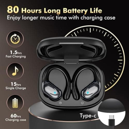 HAOYUYAN Wireless Earbuds, Sports Bluetooth Headphones, 80Hrs Playtime Ear Buds with LED Power Display, Noise Canceling Headset, IPX7 Waterproof Earphones for Workout/Running — view 4