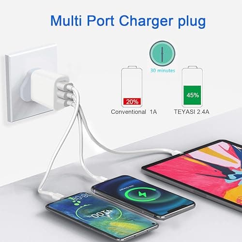 3 Pack UK Plug USB Wall Charger with 3 Ports, Multi Device Fast Charging Adapter for Home Office Travel, Safe Power Plug for iPhone Android Tablet Earbuds (White-3P) (3, White+3Pcs) — view 4