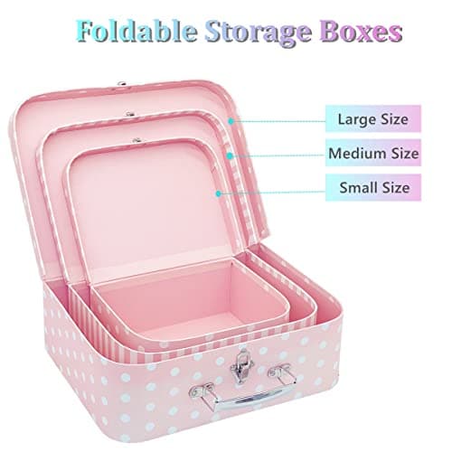 Amedoo Paperboard Suitcases, Decorative Storage Boxes with Lids, Set of 3 Nesting Gift Boxes Pink Storage Box, Christmas, Nursery and New Year Gift Decoration (Pink Dots and Strips) — view 4