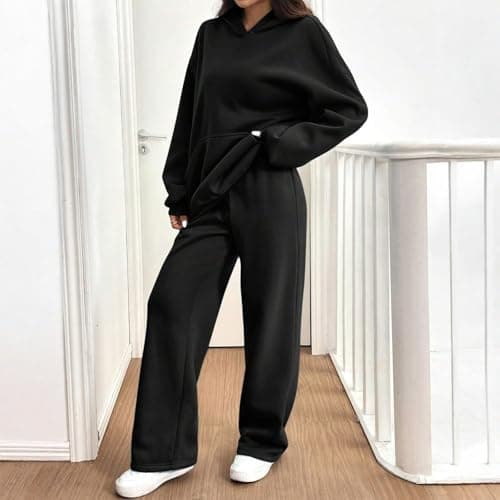 Tracksuit Womens Full Set Oversized 2 Piece Outfits Long Sleeve Hoodie and Sweatpants Women Lounge Wear Sets Fashion Sweatsuits Wide Leg Jogger Loose Loungewear Gym Fitness Activewear Set Black XL — view 3