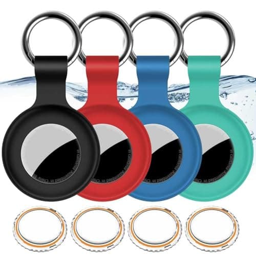 4 Pack for Airtag Holder IPX8 Waterproof for Apple Air Tags with Keyring Travel Essentials, GPS Cover Anti-Scratch for Air-Tag Item Finders Case for Pets,Kids,Luggages (Black+Blue+Green+Red)