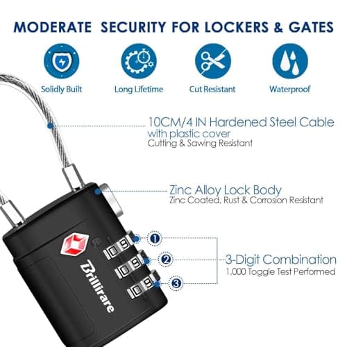 2 Pack TSA Approved Luggage Locks, Combination Travel Cable Suitcase Padlock with Alloy Body, Metal 3-Digit Waterproof Lock, TSA Accepted Outdoor Keyless Resettable Lock for Lockers, Bags, Gym-Black — view 4