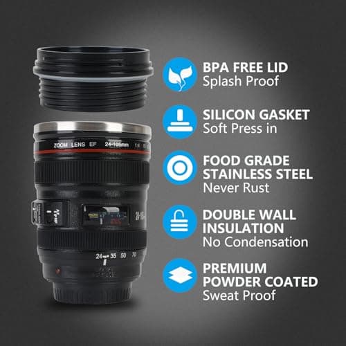 Cefrank Camera Lens Mug Travel Coffee Mug Steel Insulated Cup - 350ml Black — view 5