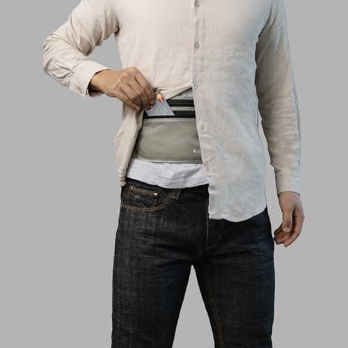 EGOO - Ultralight RFID Money Belt with Adjustable Elastic Strap for Travel Hidden Security Waist Money Pouch with Multi-Pocket + 3 RFID Card Protector Sleeve (Grey) — view 2